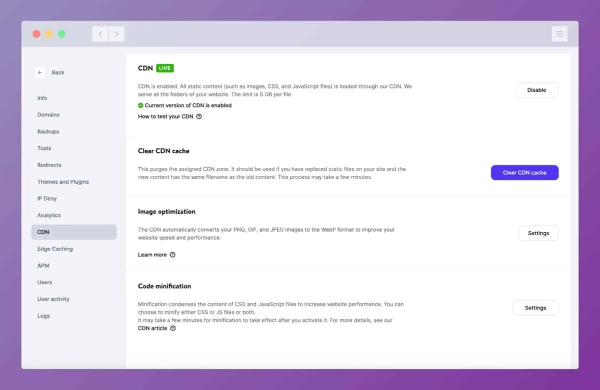 Kinsta CDN control panel