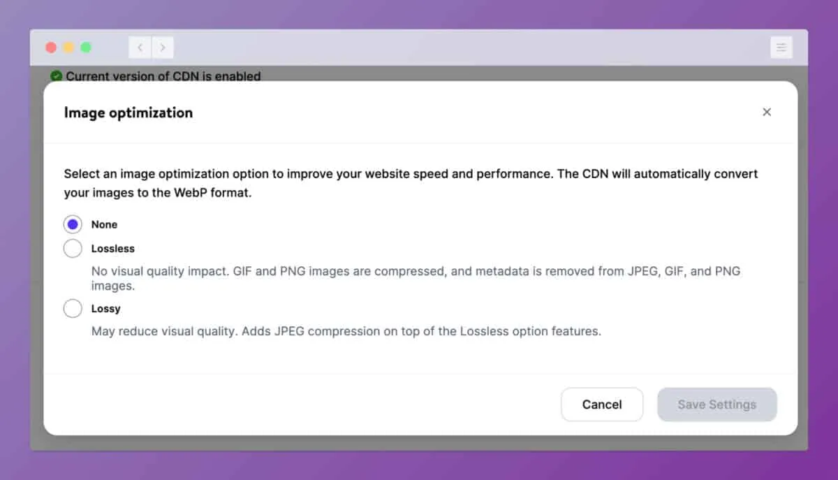 Image optimization settings interface