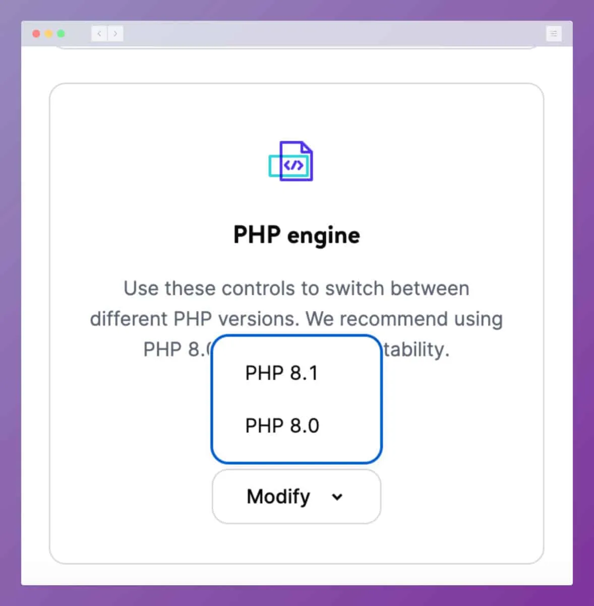 Kinsta PHP version selection