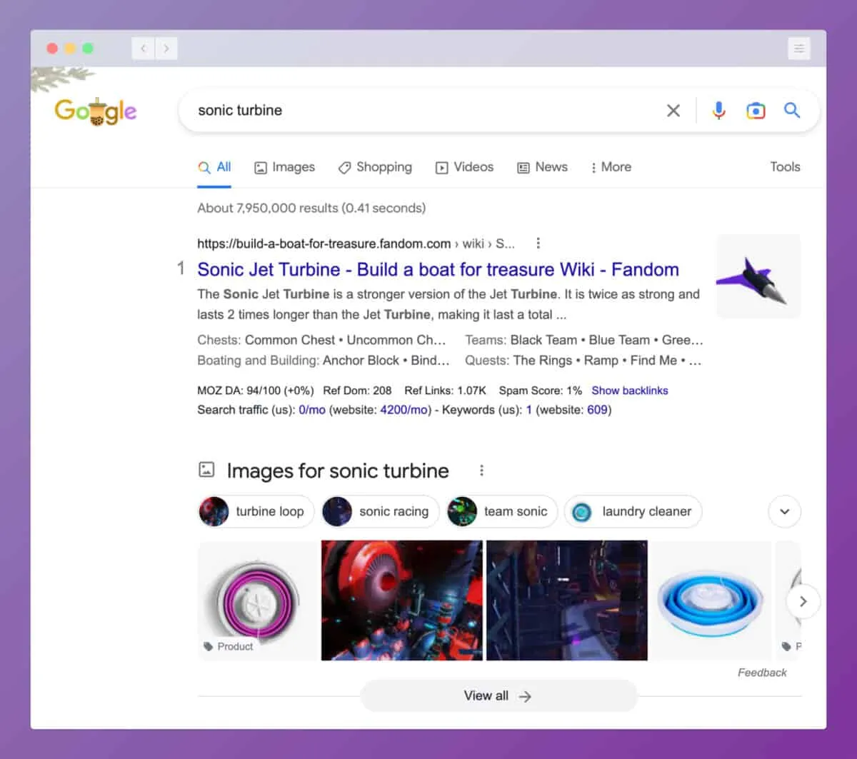 Google search results for "Sonic Turbine" showing far less competition